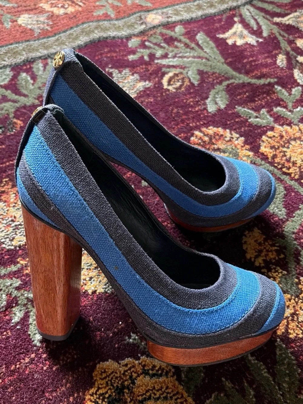 Tory Burch Blue and Navy Canvas Block Heel Pumps with Gold Logo
